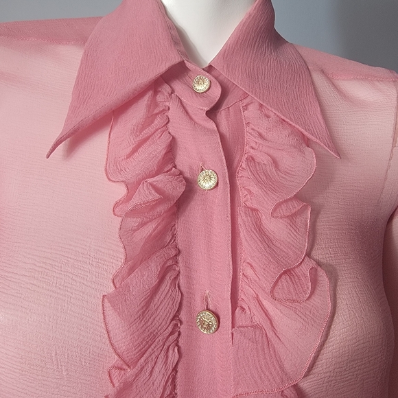 CHANEL fall 2006 runway pink ruffle blouse gold crystal logo buttons size 34 - Picture 5 of 16